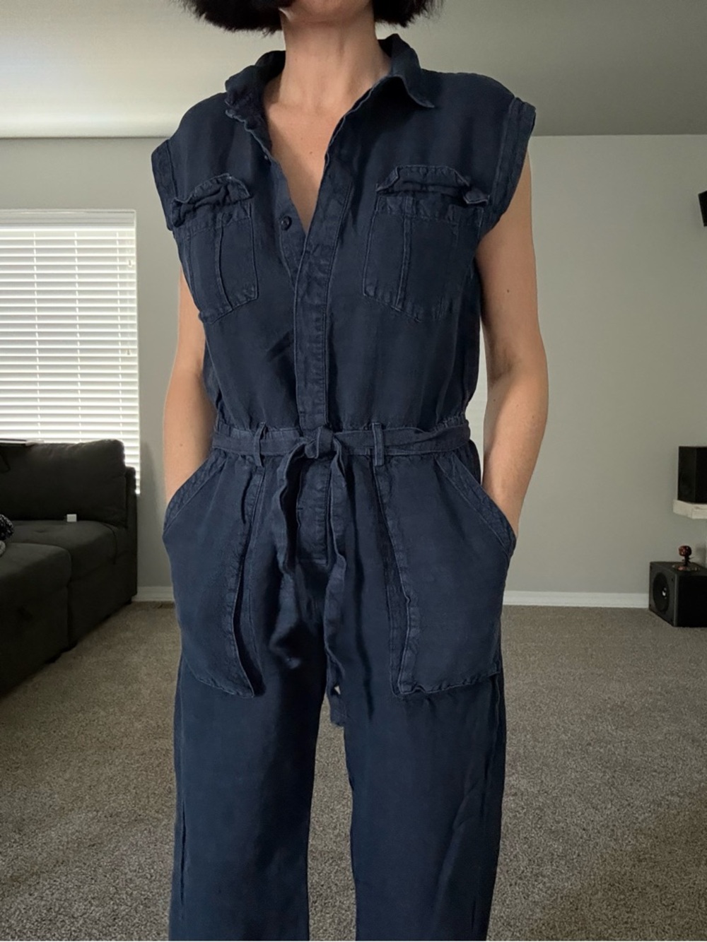 Navy Linen-Blend Sleeveless Jumpsuit (M)